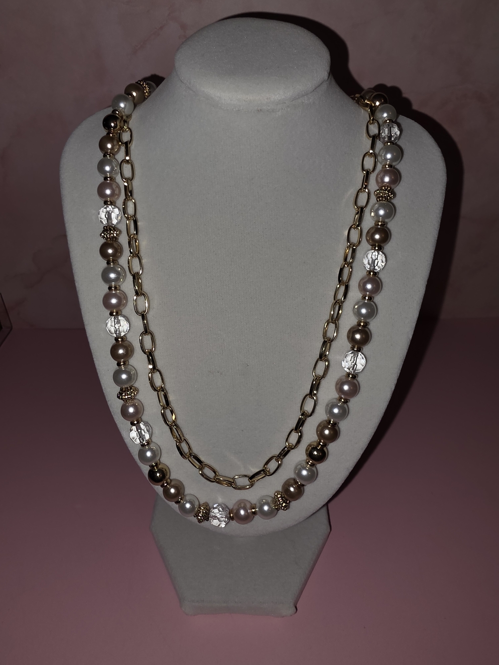 Gold Double-Layer Chain Necklace with Champagne & White Pearls